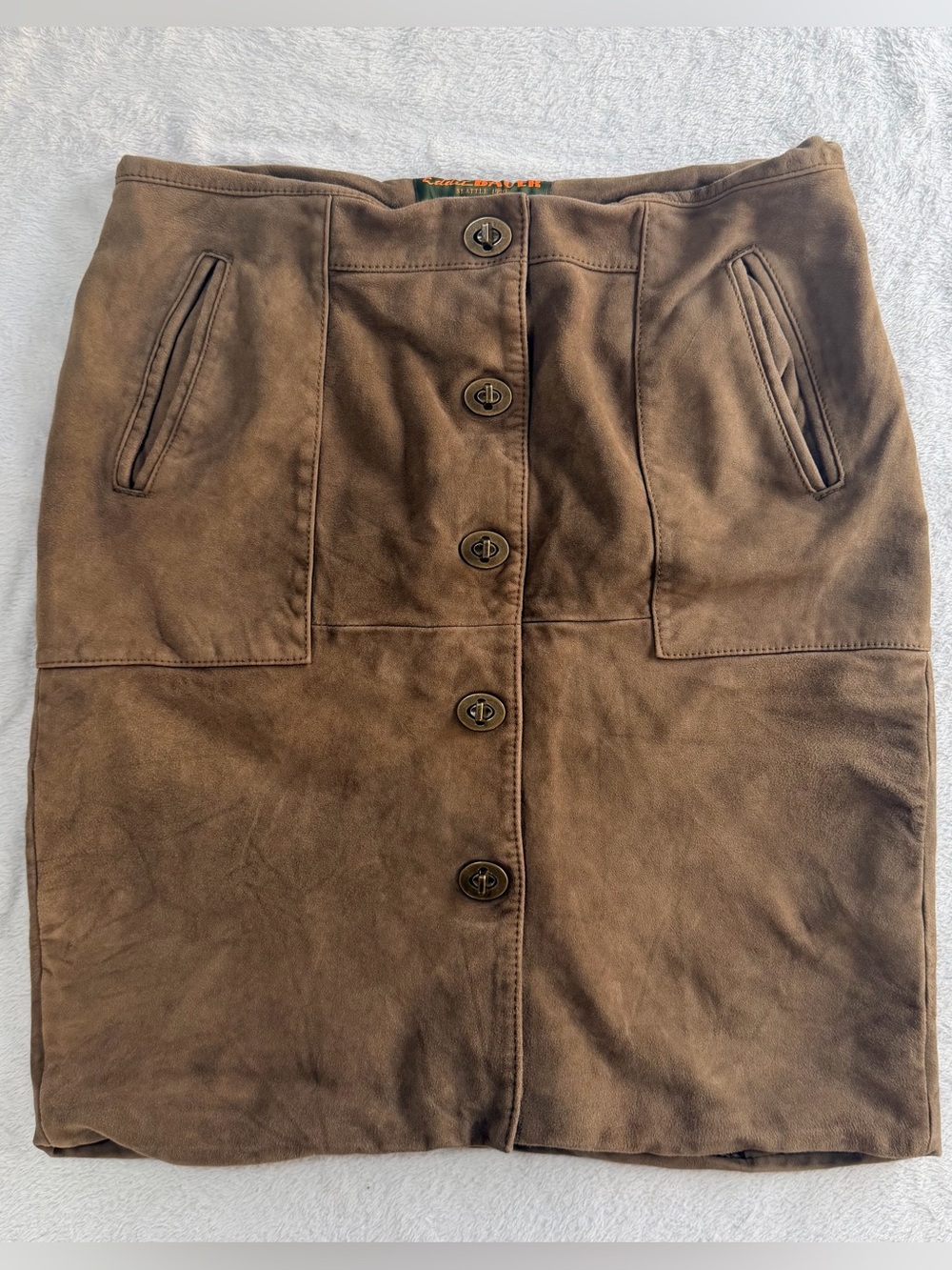 Eddie Bauer Brown Suede Leather Skirt Size 10 Turn-Lock Front Lined